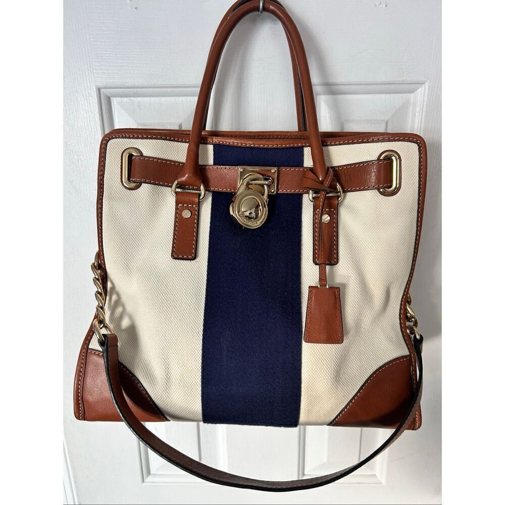 Michael Kors Hamilton East West Mono Stripe Canvas/Leather Nautical Satchel bag